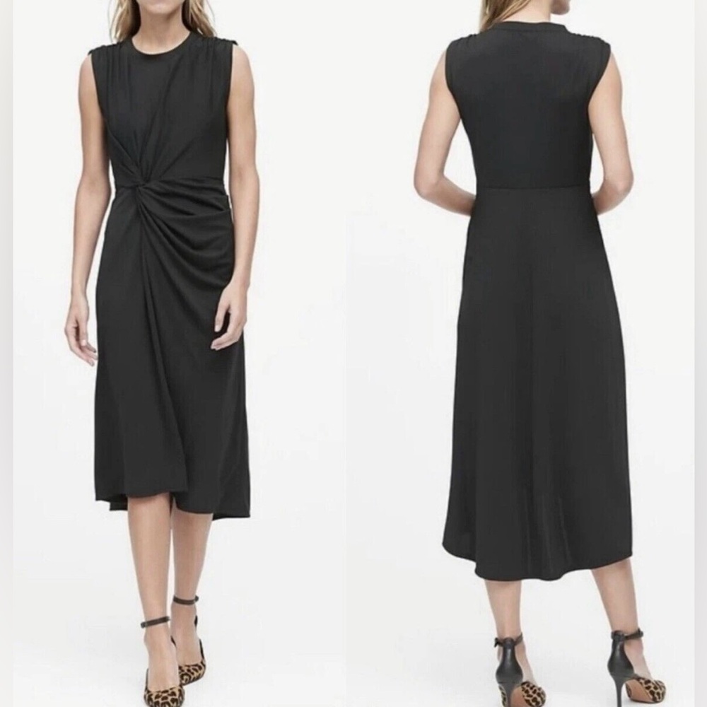 NEW Banana Republic Midi Dress S Small 4-6 Black Slimming Twist Front Sleeveless